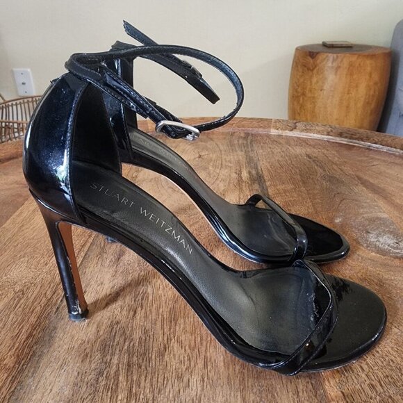 Stuart Weitzman $475 Nudistsong Strap Sandal 100mm Black Patent Leather Size 7 - Picture 8 of 11